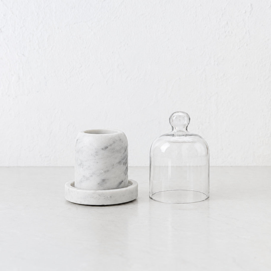 PISANI ROUND BUTTER DISH  |  GLASS CLOCHE + WHITE MARBLE