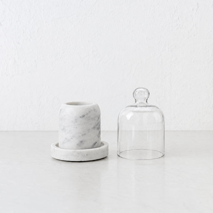 PISANI ROUND BUTTER DISH  |  GLASS CLOCHE + WHITE MARBLE