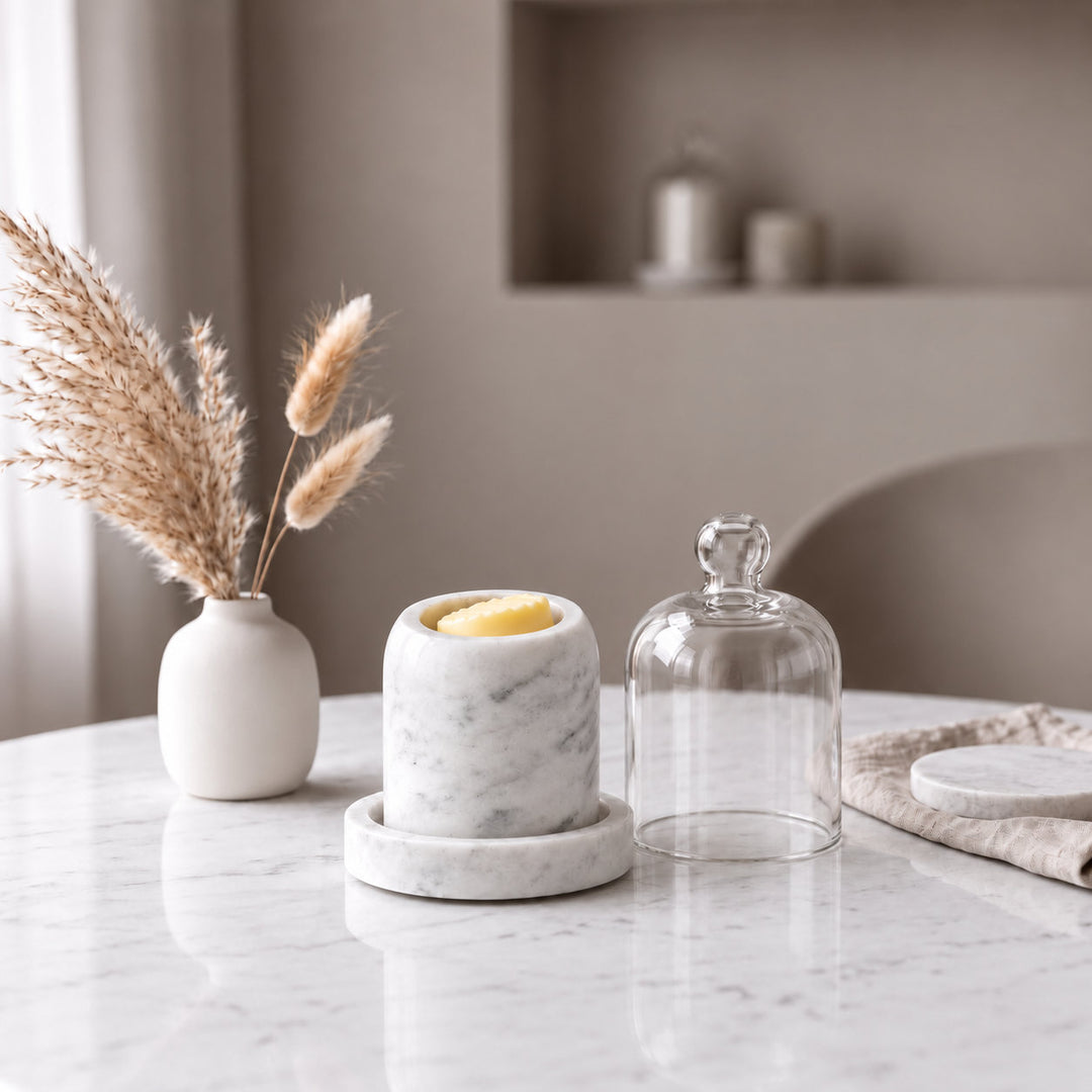 PISANI ROUND BUTTER DISH  |  GLASS CLOCHE + WHITE MARBLE