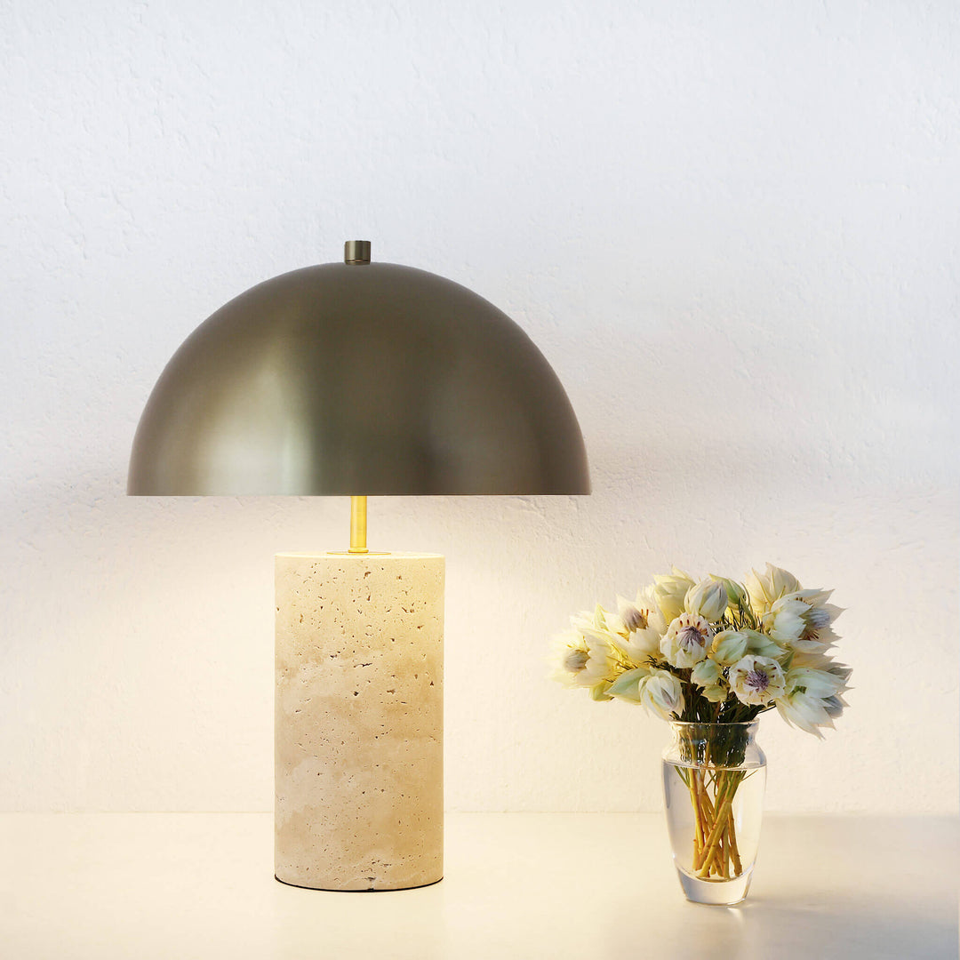 PORTO MONIZ TABLE LAMP  |  50CM  |  ANTIQUE BRASS + TRAVERTINE