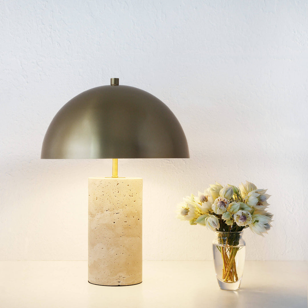 PORTO MONIZ TABLE LAMP  |  50CM  |  ANTIQUE BRASS + TRAVERTINE