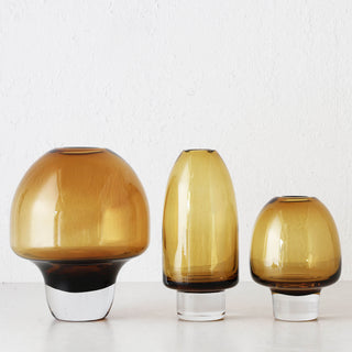 LIVING BY DESIGN EXCLUSIVE  |  PRELLI HAND BLOWN GLASS VASE BUNDLE X 3  |  M + L + XL  |  AMBER GLASS