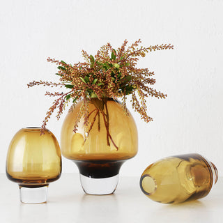 LIVING BY DESIGN EXCLUSIVE  |  PRELLI HAND BLOWN GLASS VASE BUNDLE X 3  |  M + L + XL  |  AMBER GLASS