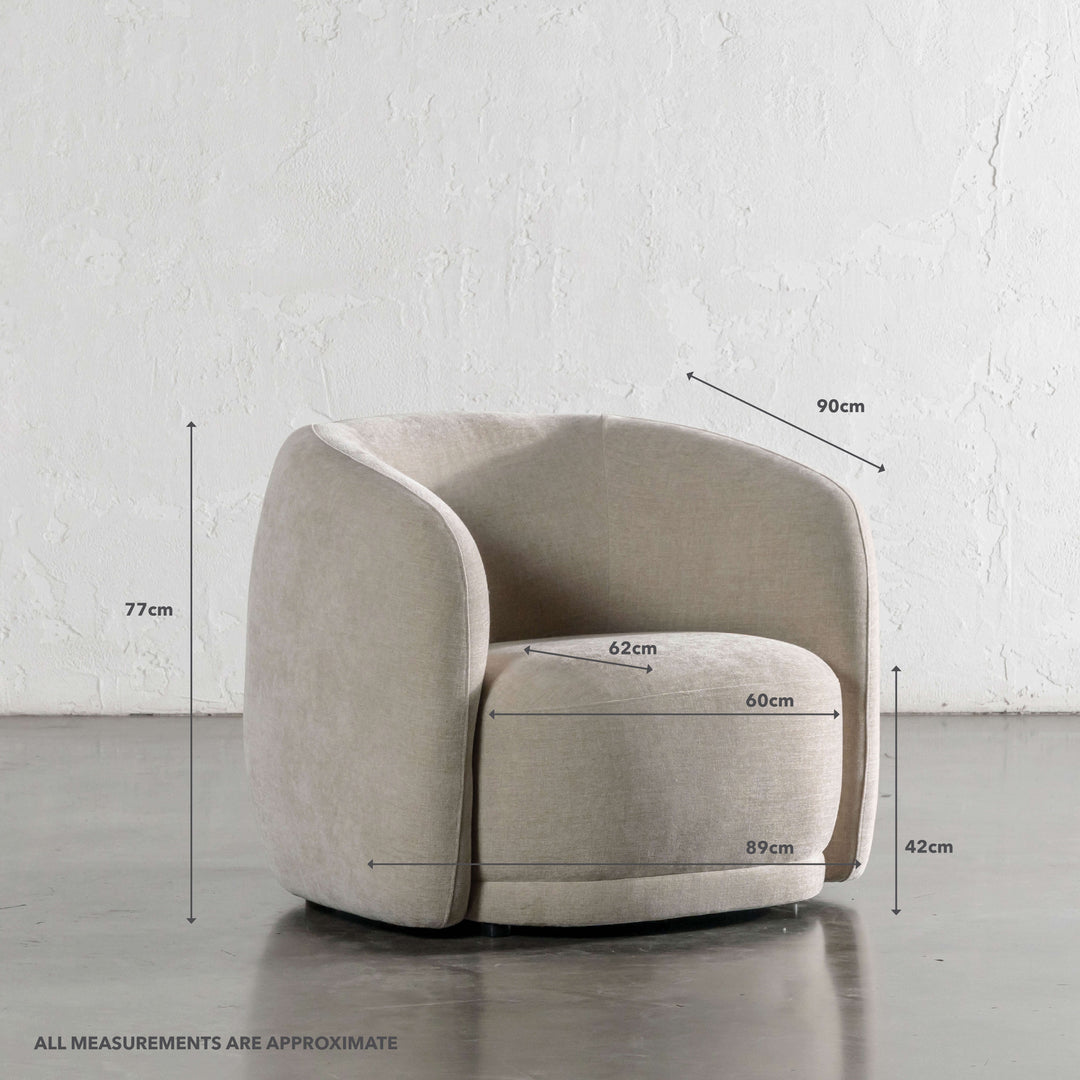 PURBECK CURVED ARMCHAIR   |  WARM SORRENTO SAND | MEASUREMENTS