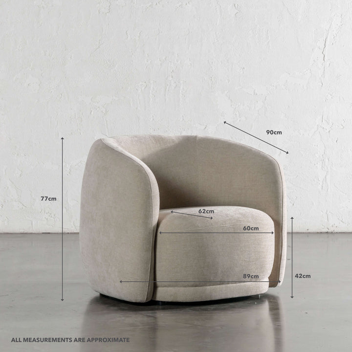 PURBECK CURVED ARMCHAIR   |  WARM SORRENTO SAND | MEASUREMENTS