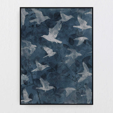 LBD EXCLUSIVE  |  PAJARO FRAMED TEXTURED PRINT ON HESSIAN  |  90X120CM  |  MIDNIGHT + BLUE + WHITE  |  BLACK FRAME