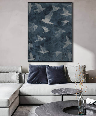 LBD EXCLUSIVE  |  PAJARO FRAMED TEXTURED PRINT ON HESSIAN  |  90X120CM  |  MIDNIGHT + BLUE + WHITE  |  BLACK FRAME