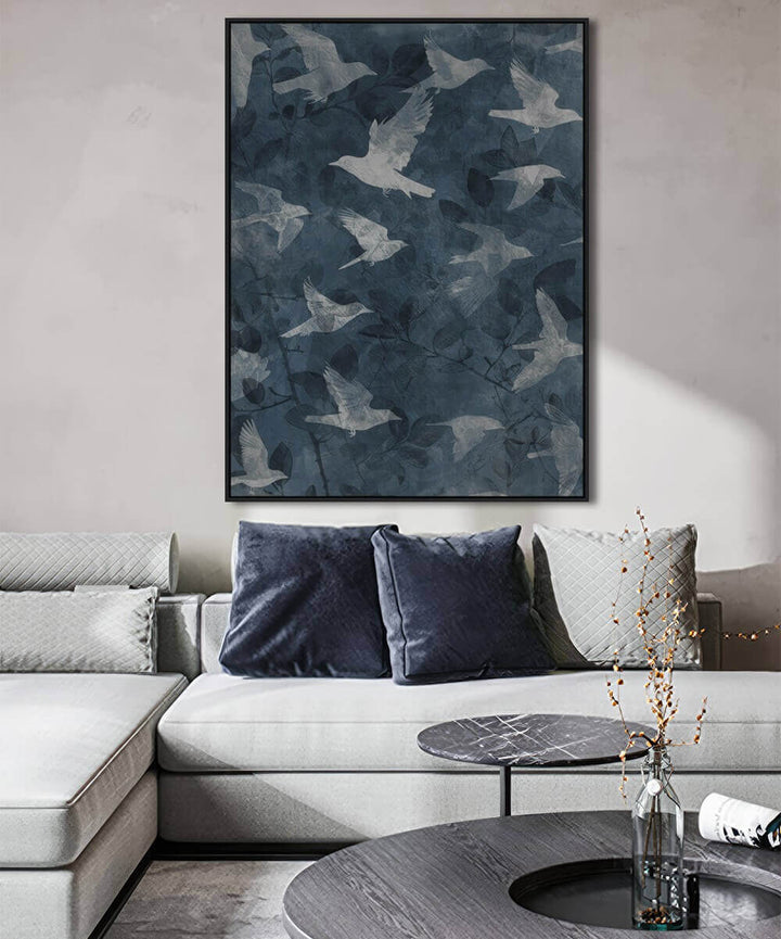 LBD EXCLUSIVE  |  PAJARO FRAMED TEXTURED PRINT ON HESSIAN  |  90X120CM  |  MIDNIGHT + BLUE + WHITE  |  BLACK FRAME