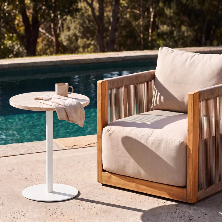 PALMETE SIDE TABLE  |  45CM  |  TRAVERTINE + WHITE