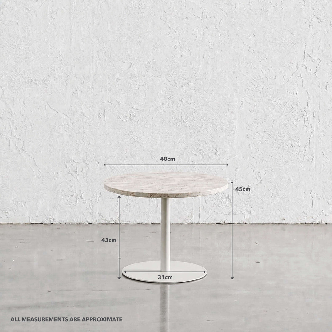 PALMETE SIDE TABLE  |  40CM  |  TRAVERTINE + WHITE | MEASUREMENTS