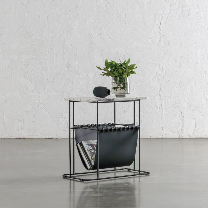 PANZANO MAGAZINE HOLDER + SIDE TABLE  |  BLACK NOIR LEATHER