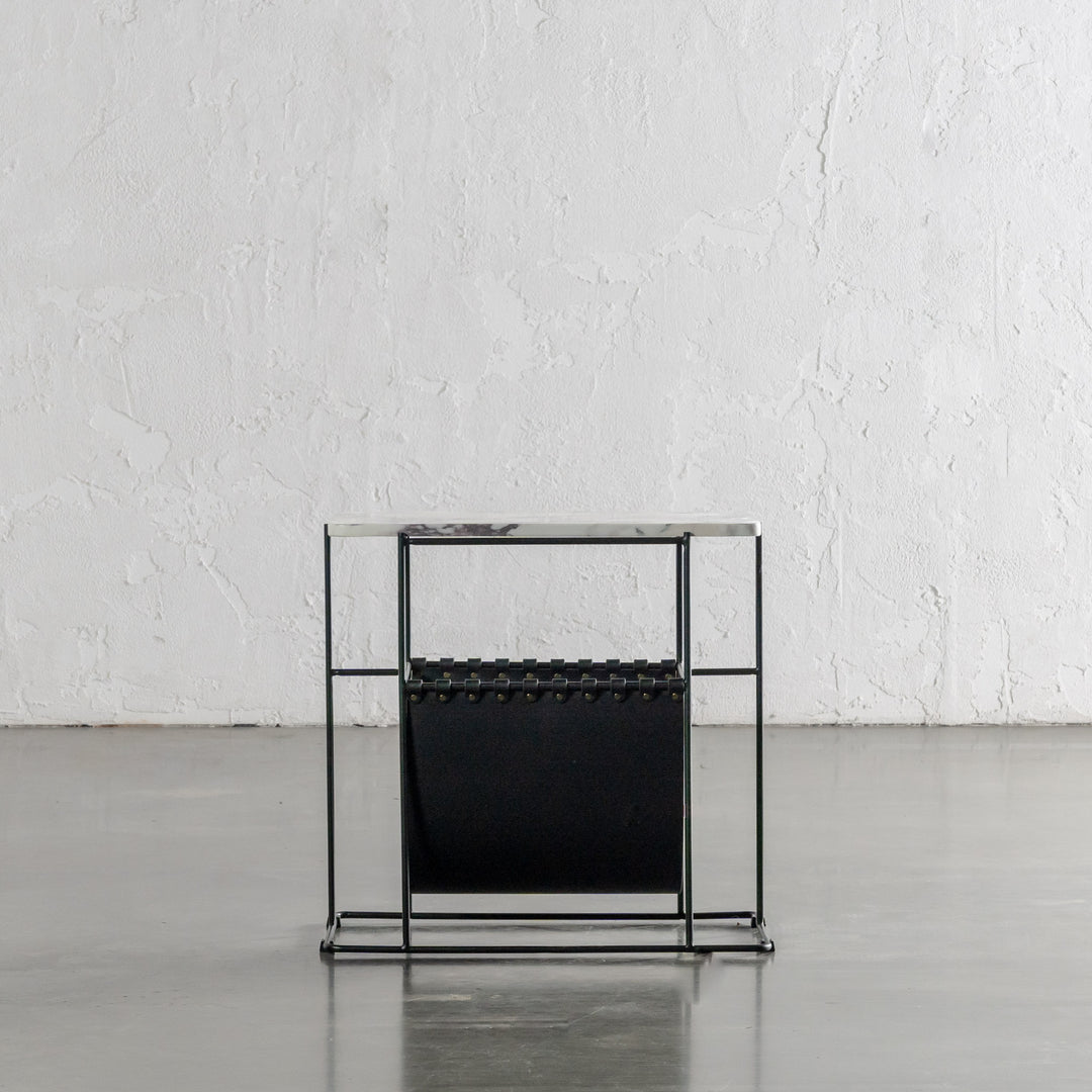 PANZANO MAGAZINE HOLDER + SIDE TABLE  |  BLACK NOIR LEATHER