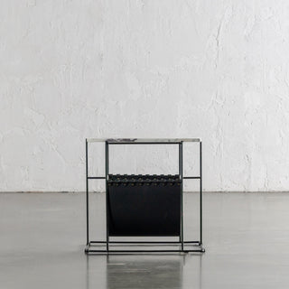 PANZANO MAGAZINE HOLDER + SIDE TABLE  |  BLACK NOIR LEATHER