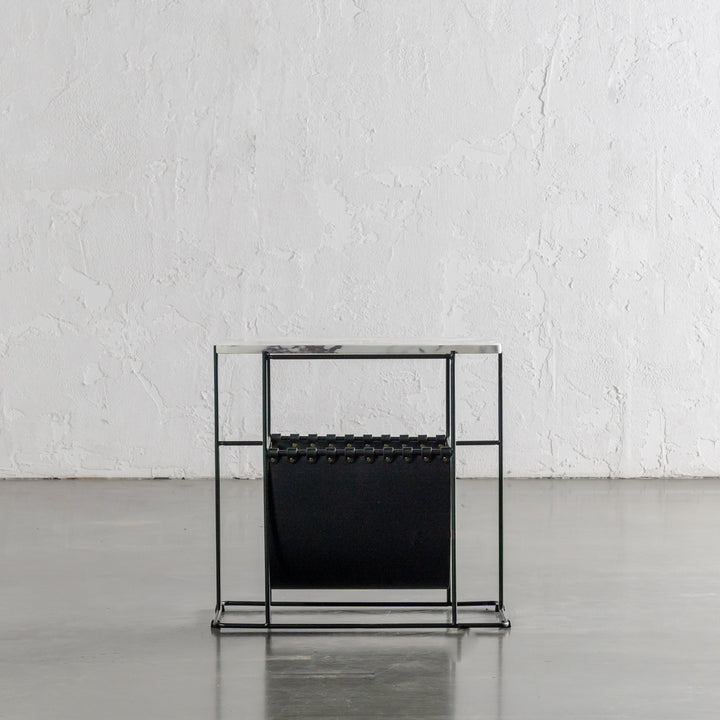 PANZANO MAGAZINE HOLDER + SIDE TABLE  |  BLACK NOIR LEATHER