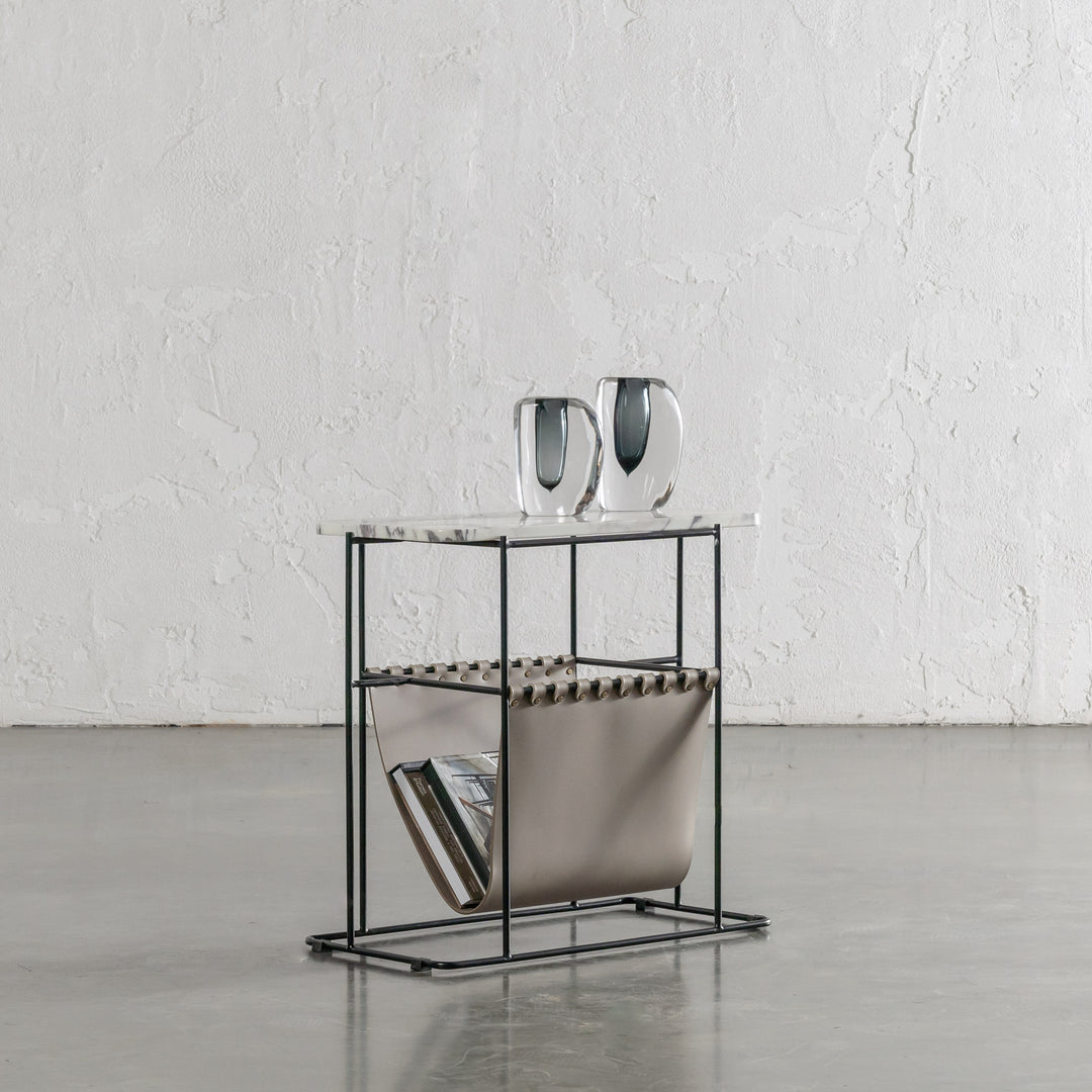 PANZANO MAGAZINE HOLDER + SIDE TABLE  |  KHAKI STONE LEATHER