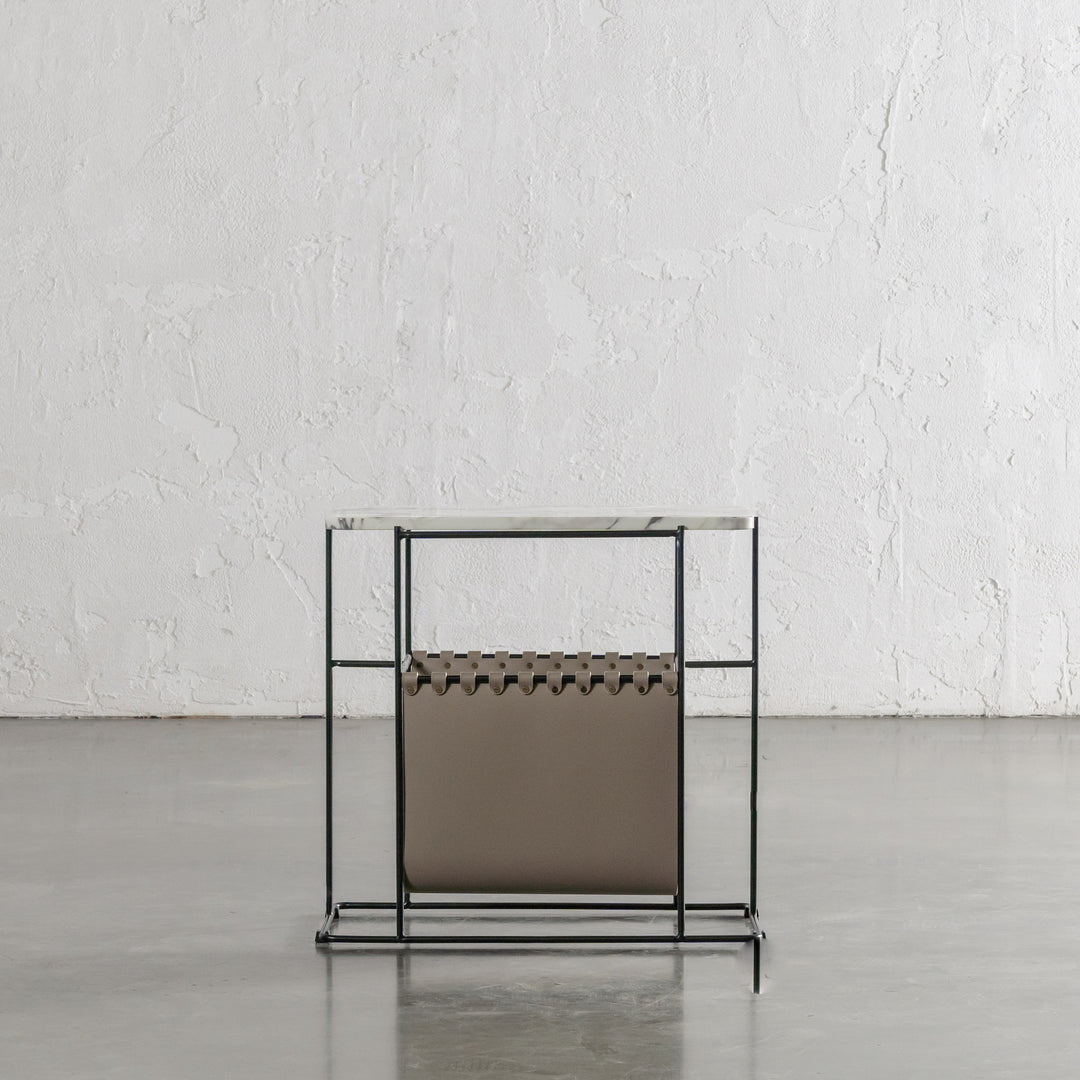 PANZANO MAGAZINE HOLDER + SIDE TABLE  |  KHAKI STONE LEATHER