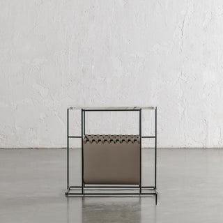 PANZANO MAGAZINE HOLDER + SIDE TABLE  |  KHAKI STONE LEATHER