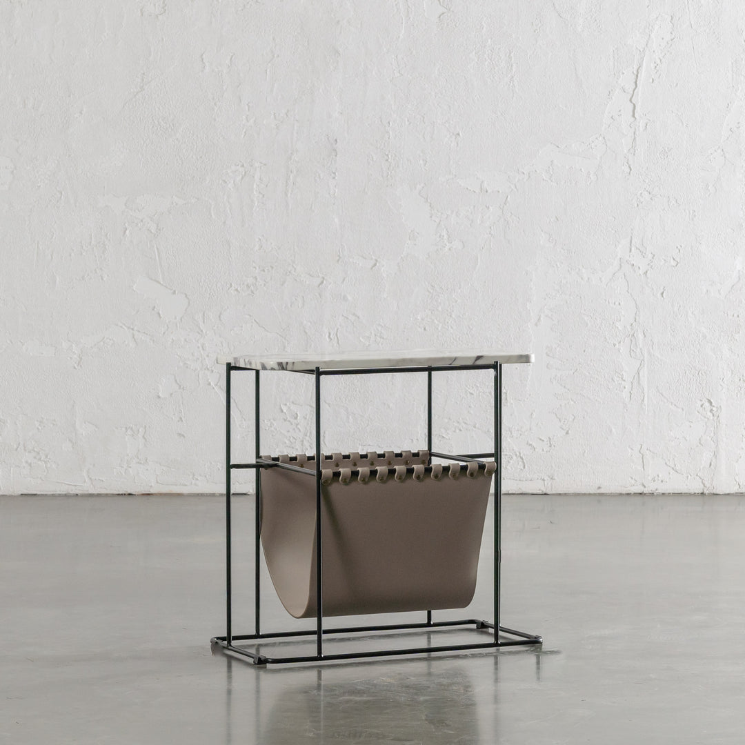 PANZANO MAGAZINE HOLDER + SIDE TABLE  |  KHAKI STONE LEATHER