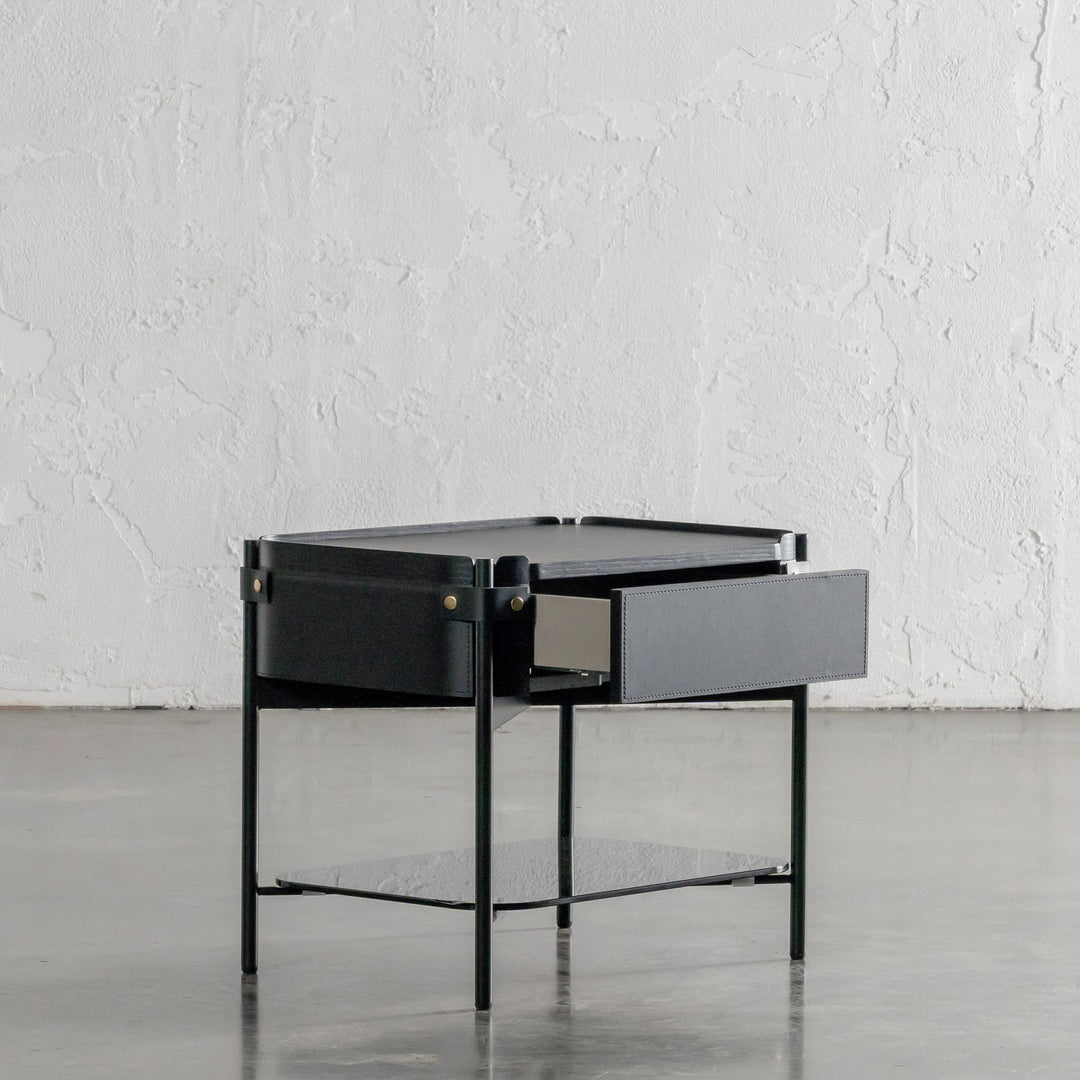 PANZANO NIGHTSTAND WITH DRAWER  |  BLACK NOIR LEATHER