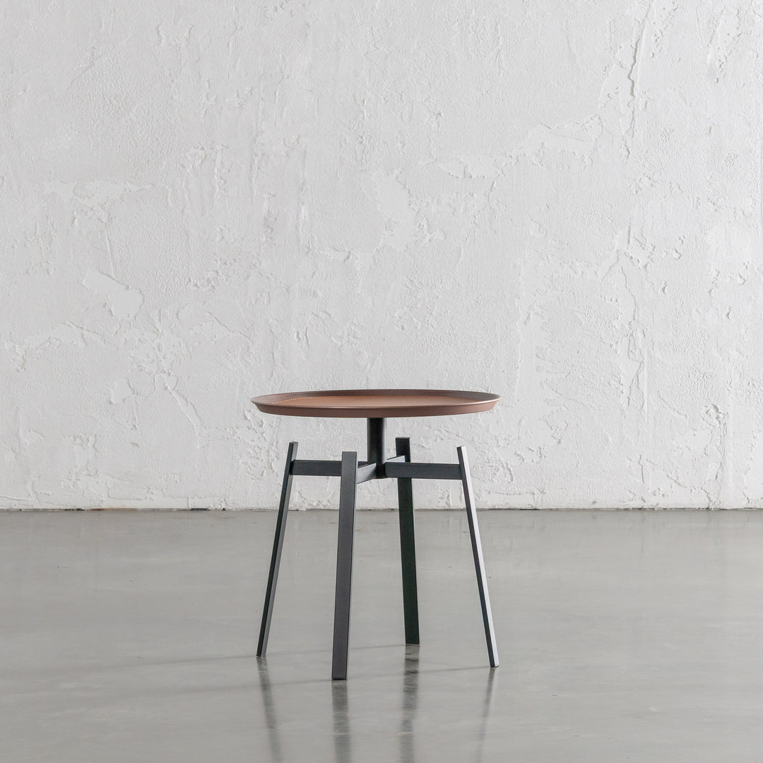 PANZANO ROUND 4 PILLAR SIDE TABLE  |  HAVANA TAN LEATHER