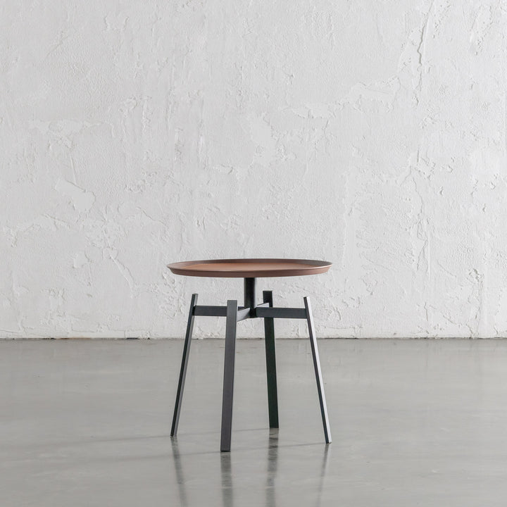 PANZANO ROUND 4 PILLAR SIDE TABLE  |  HAVANA TAN LEATHER