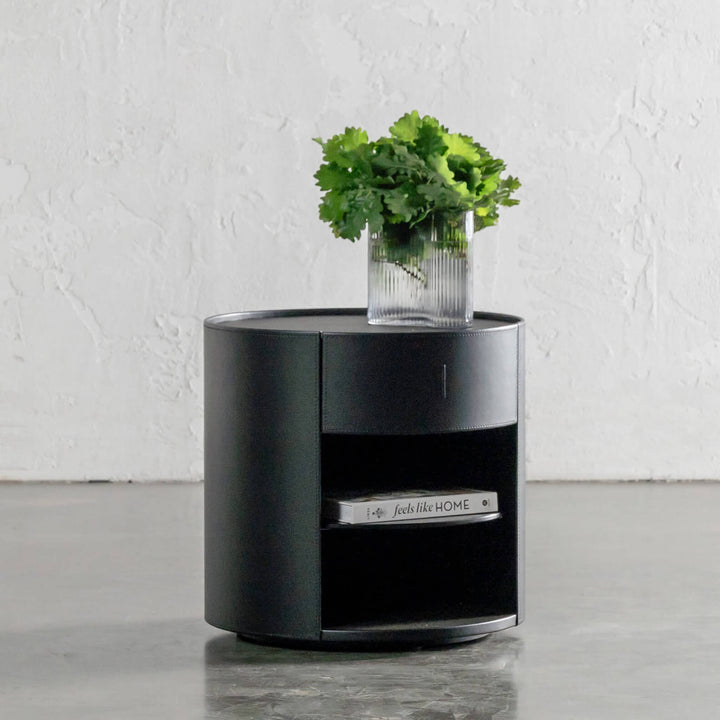 PANZANO ROUND BEDSIDE WITH DRAWER | BLACK NOIR LEATHER