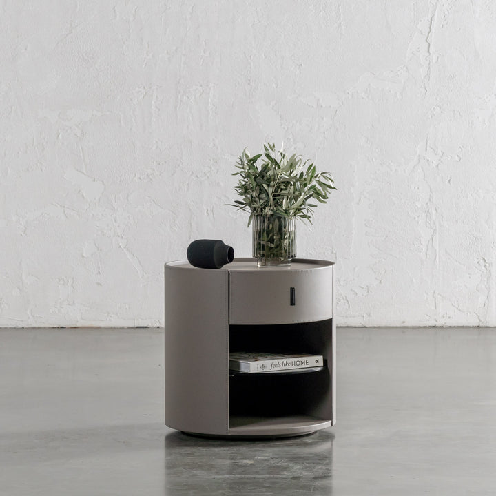 PANZANO ROUND BEDSIDE WITH DRAWER  |  DEEP ASHEN LEATHER