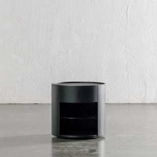 PANZANO ROUND BEDSIDE WITH DRAWER  |  BLACK NOIR LEATHER