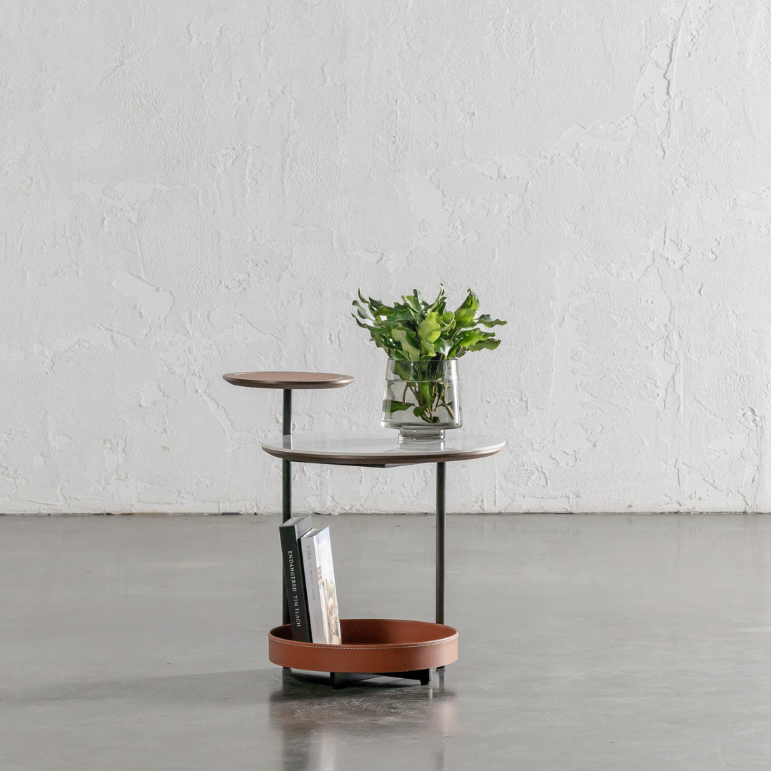 PANZANO TWO TIER SIDE TABLE  |  HAVANA TAN LEATHER