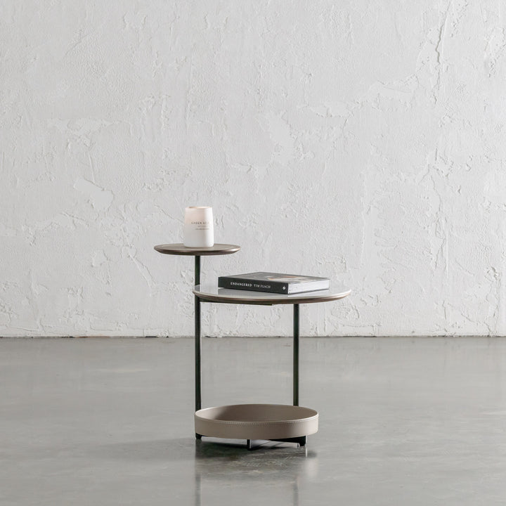 PANZANO TWO TIER SIDE TABLE  |  KHAKI STONE LEATHER