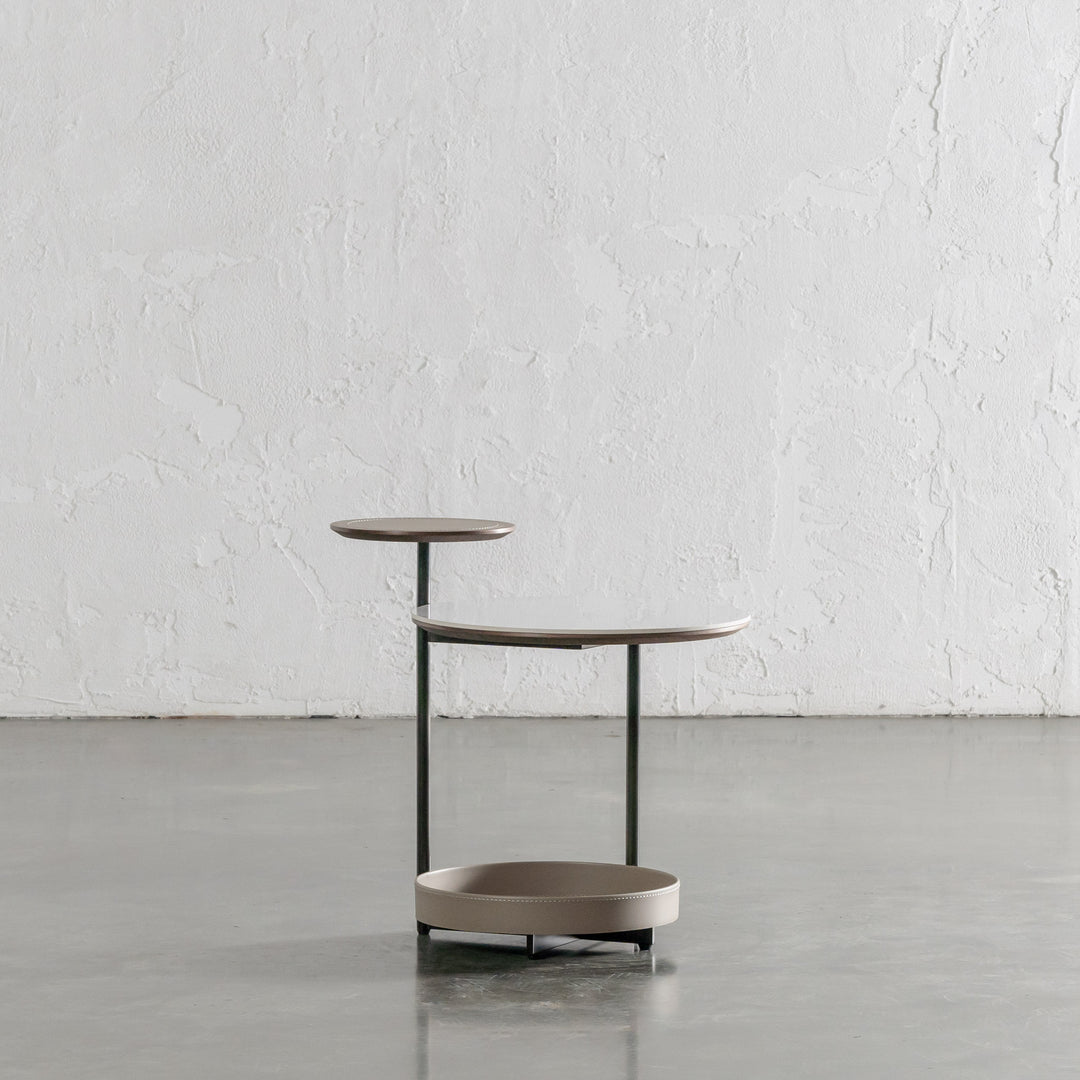 PANZANO TWO TIER SIDE TABLE  |  KHAKI STONE LEATHER