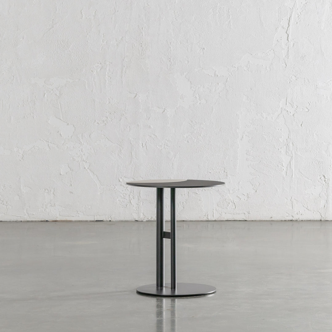 PANZANO TWO TONED ROUND SIDE TABLE  |  IVORY LATTE + BLACK LEATHER