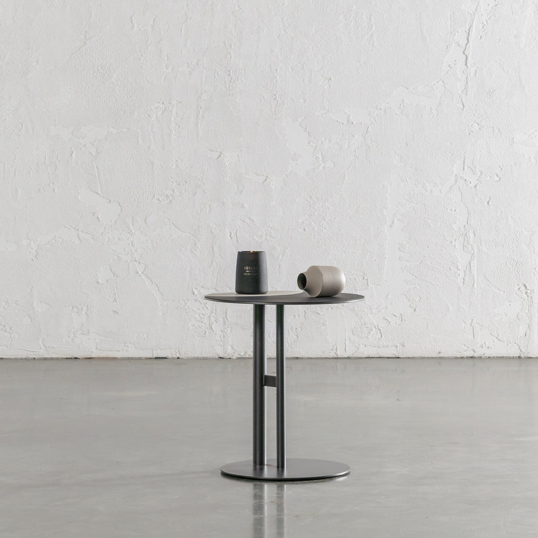 PANZANO TWO TONED ROUND SIDE TABLE  |  IVORY LATTE + BLACK LEATHER