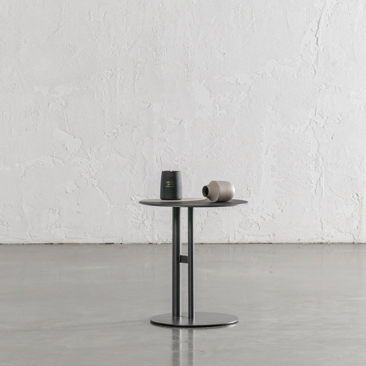 PANZANO TWO TONED ROUND SIDE TABLE  |  IVORY LATTE + BLACK LEATHER