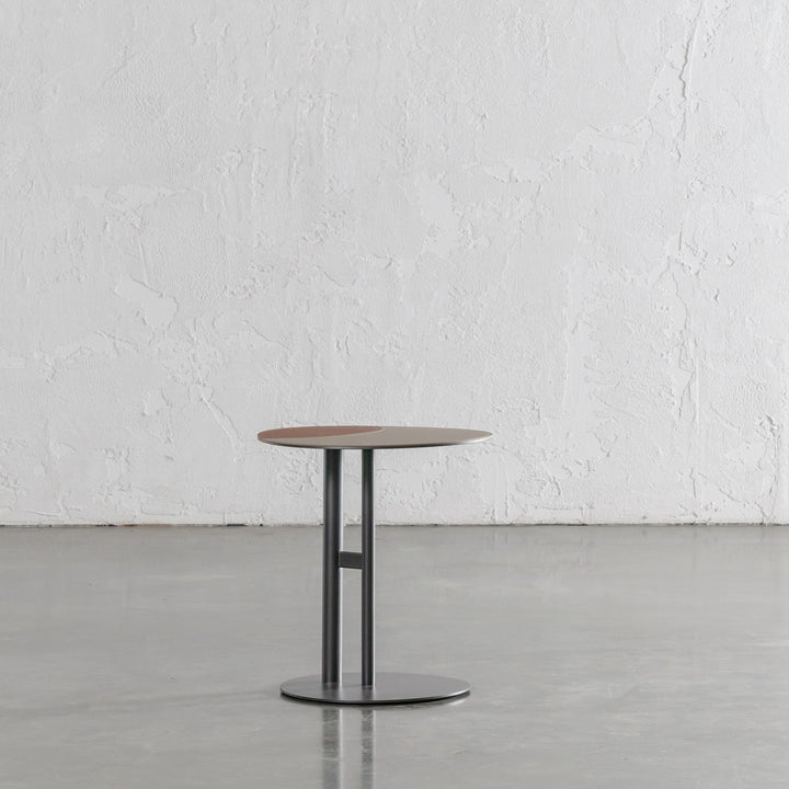 PANZANO TWO TONED ROUND SIDE TABLE  |  KHAKI STONE + HAVANA TAN LEATHER