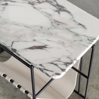 PANZANO MAGAZINE HOLDER + SIDE TABLE  |  IVORY LATTE LEATHER + MARBLE