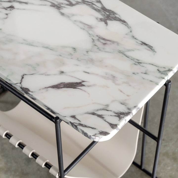 PANZANO MAGAZINE HOLDER + SIDE TABLE  |  IVORY LATTE LEATHER + MARBLE