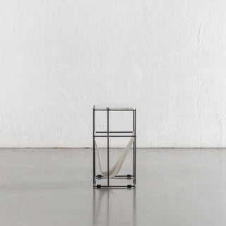 PANZANO MAGAZINE HOLDER + SIDE TABLE  |  IVORY LATTE LEATHER + MARBLE