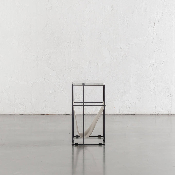 PANZANO MAGAZINE HOLDER + SIDE TABLE  |  IVORY LATTE LEATHER + MARBLE