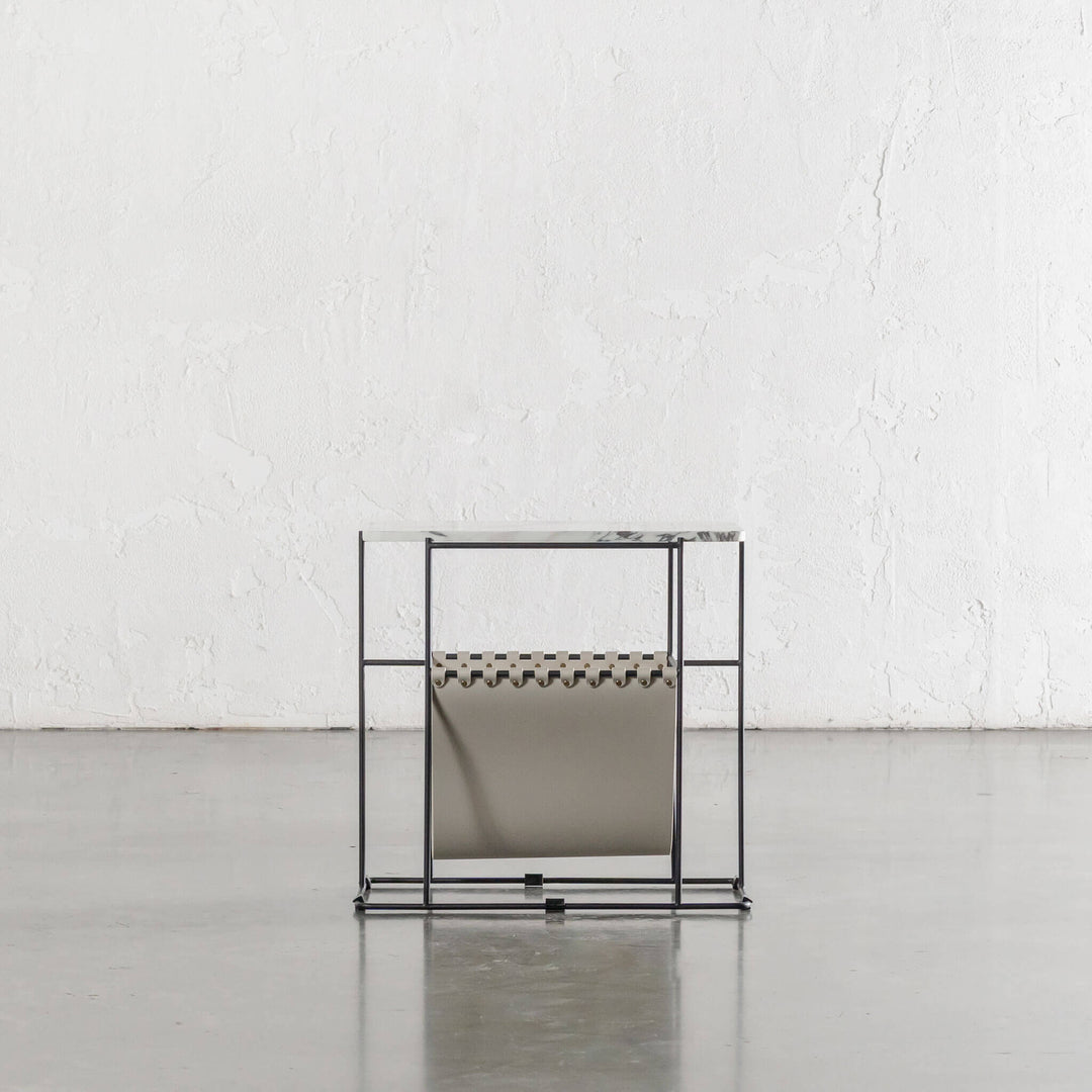PANZANO MAGAZINE HOLDER + SIDE TABLE  |  IVORY LATTE LEATHER + MARBLE