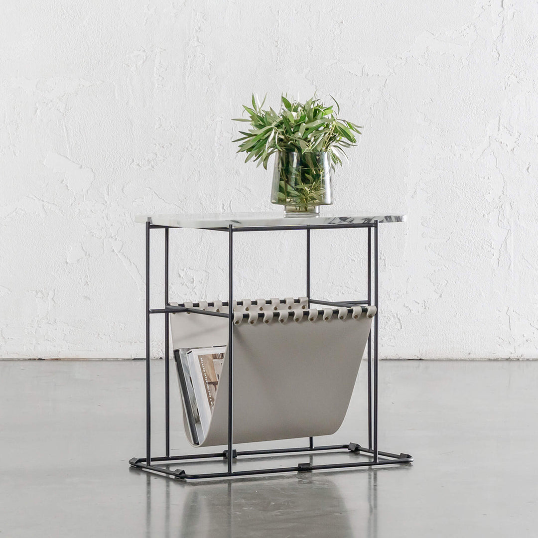 PANZANO MAGAZINE HOLDER + SIDE TABLE  |  IVORY LATTE LEATHER + MARBLE