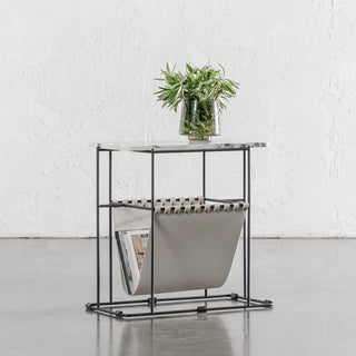 PANZANO MAGAZINE HOLDER + SIDE TABLE  |  IVORY LATTE LEATHER + MARBLE