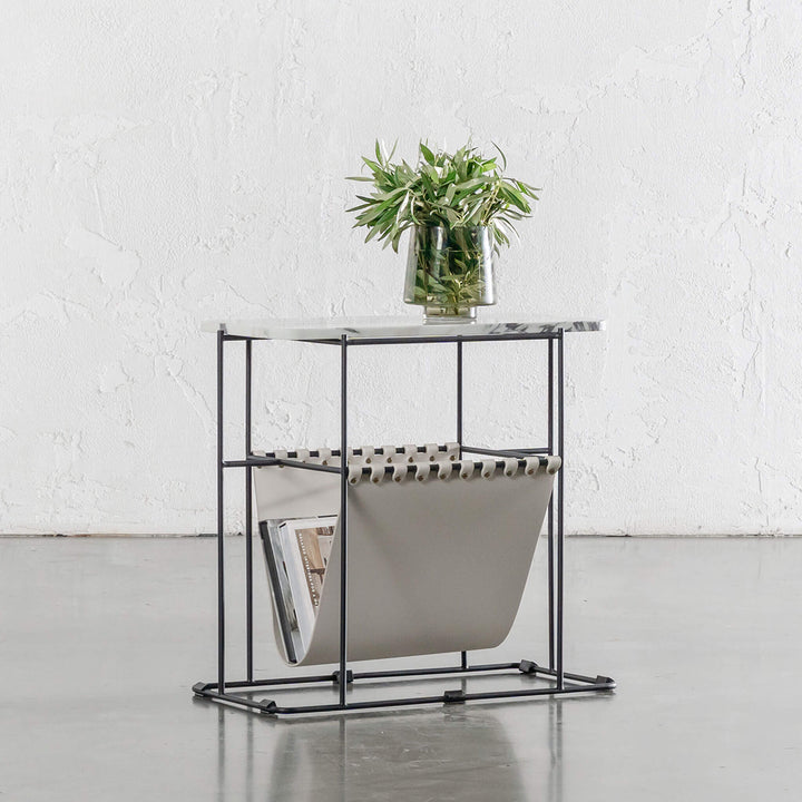 PANZANO MAGAZINE HOLDER + SIDE TABLE  |  IVORY LATTE LEATHER + MARBLE