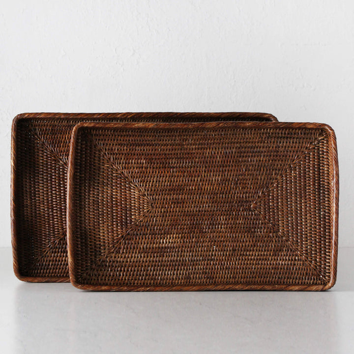 PAUME RATTAN RECTANGLE TRAY  |  SET OF 2  |  ANTIQUE BROWN