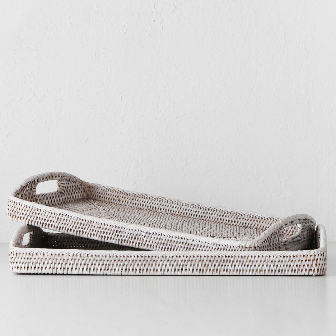 PAUME RATTAN RECTANGLE TRAY  |  SET OF 2  |  WHITE WASH