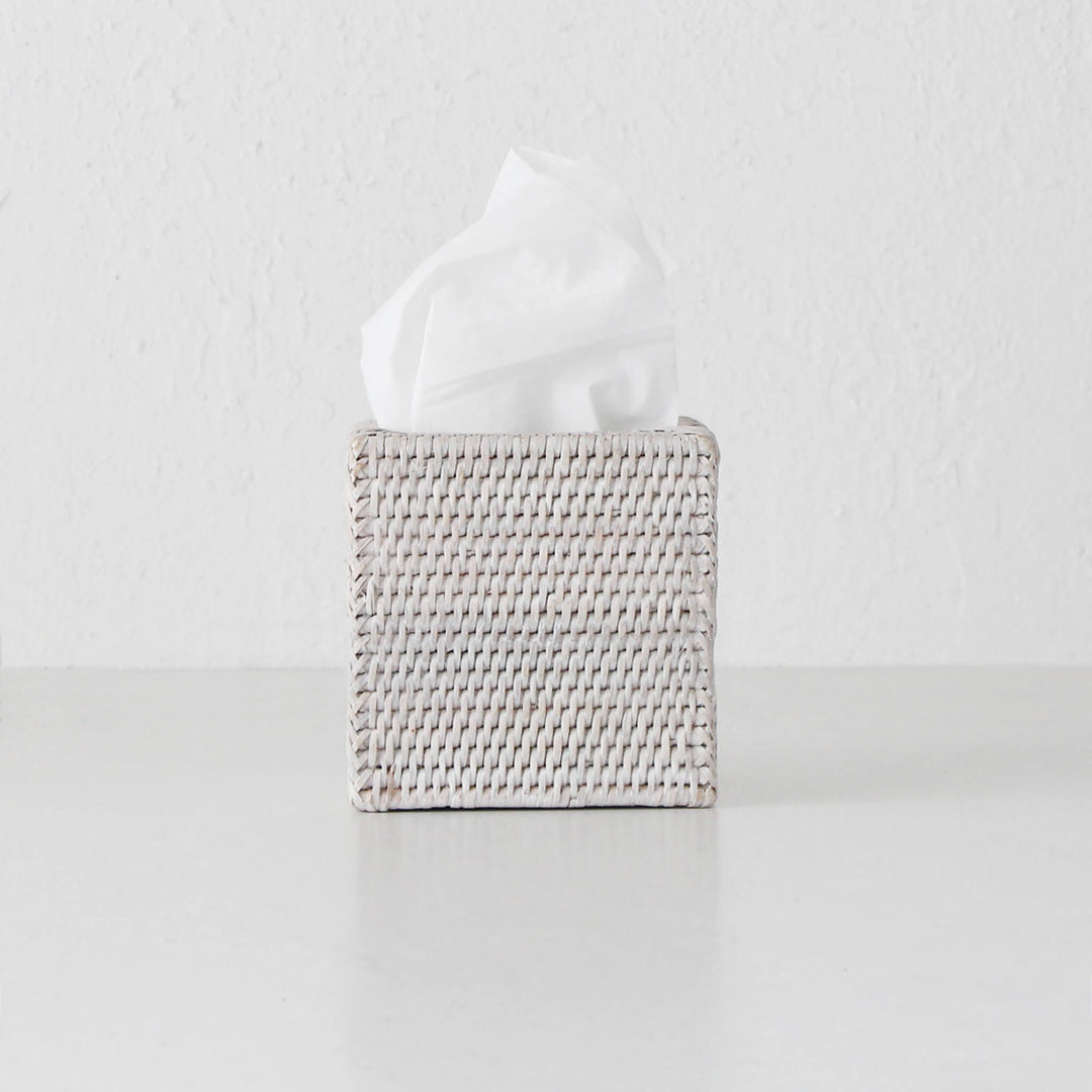 PAUME RATTAN TISSUE BOX COVER  |  SQUARE  |  WHITE WASH