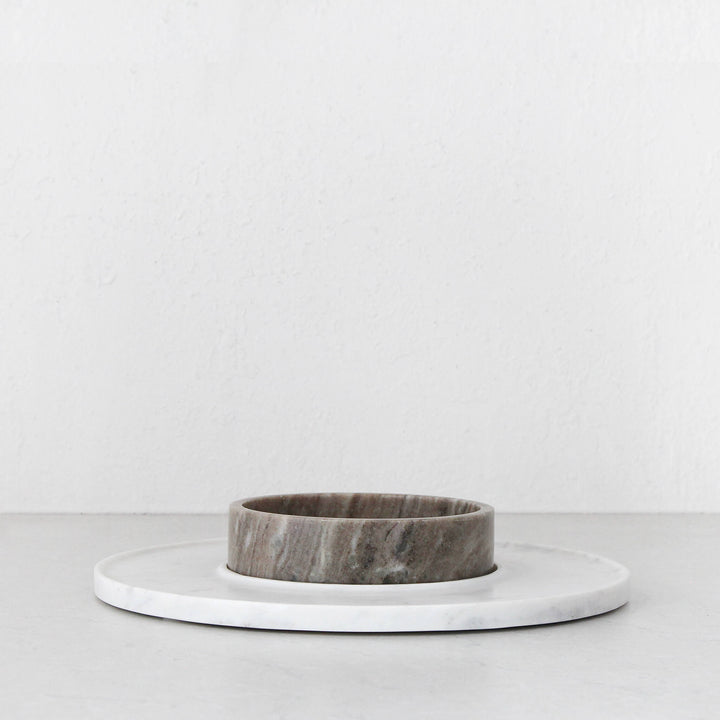 NIDO ROUND DIP GRAZING PLATTER SET  |   WHITE + FAWN MARBLE