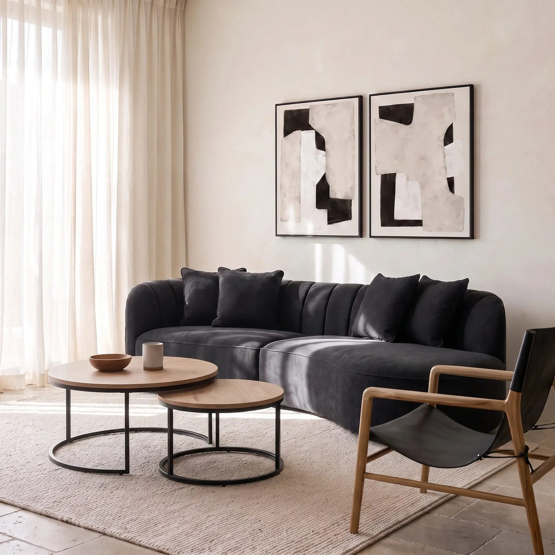 RAVELLO FRAMED CANVAS PRINT |  SET OF 2  |  90 X 120CM  |  NATURAL TAUPE + CHARCOAL  |  BLACK FRAME