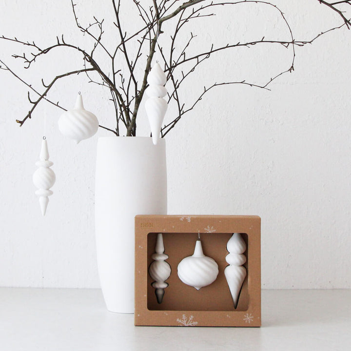 ROBERT GORDON  |  HANGING FLUTED BAUBLE  |  SET OF 6  |  WHITE CERAMIC