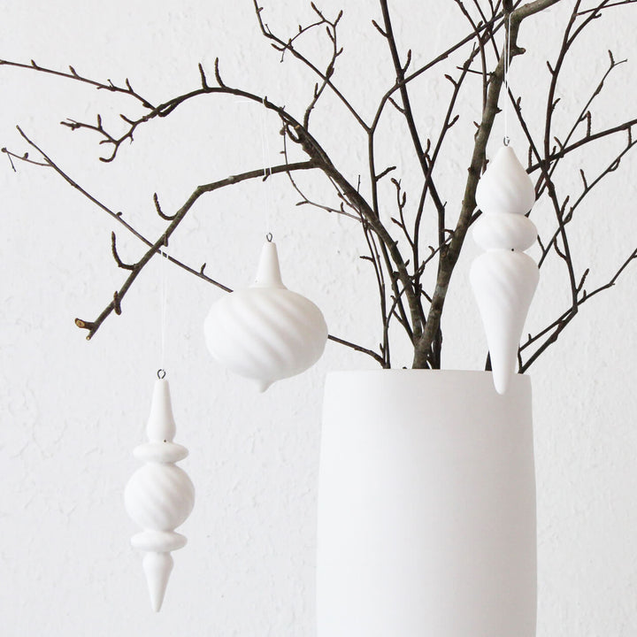 ROBERT GORDON  |  HANGING FLUTED BAUBLE  |  SET OF 3  |  WHITE CERAMIC